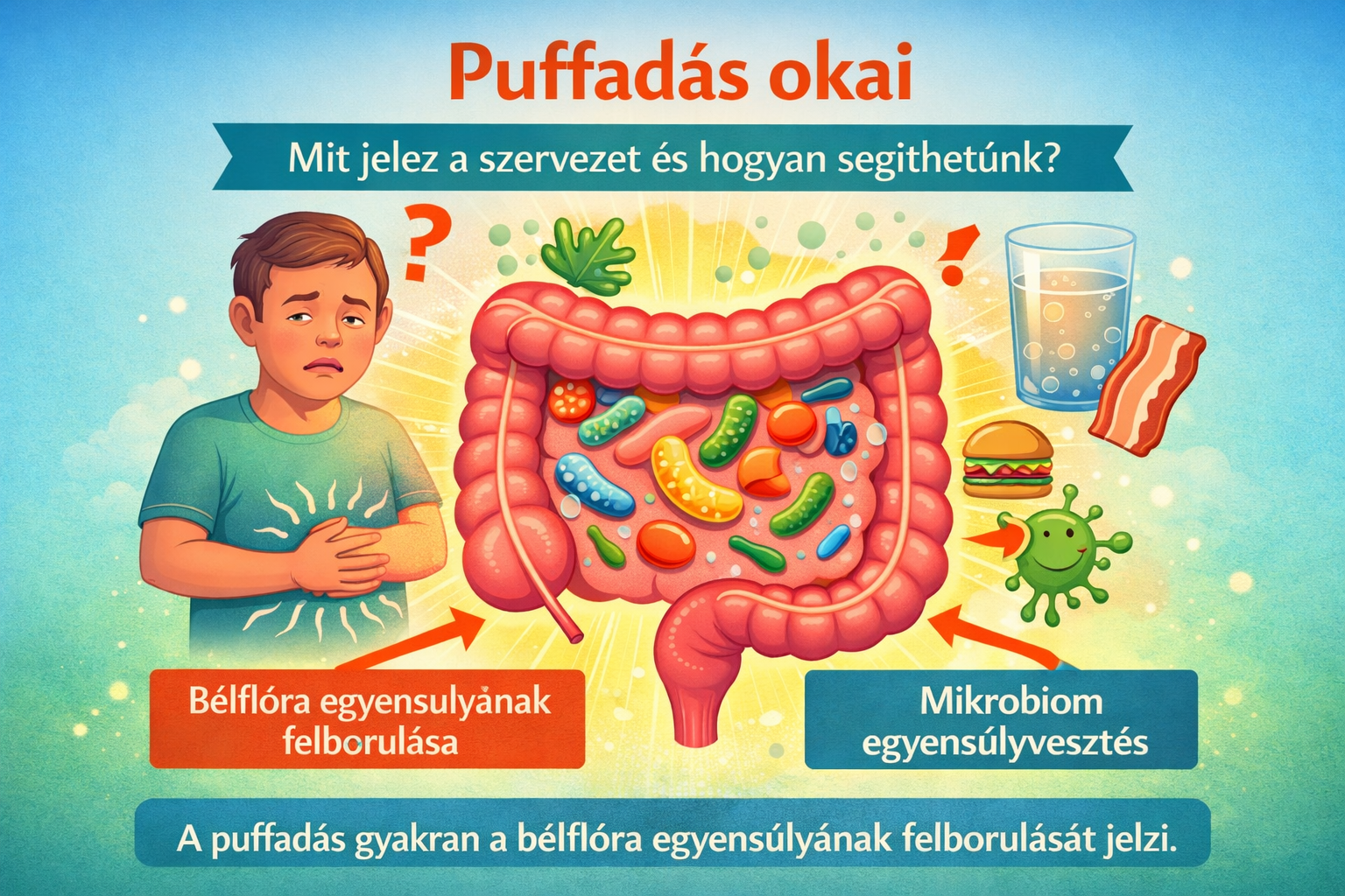 puffadás okai bélflóra emésztési problémák mikrobiom egyensúly