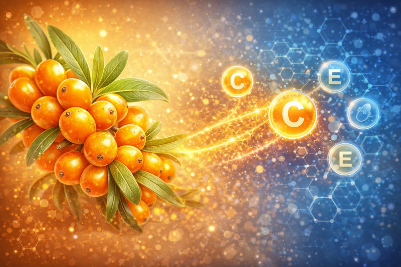 homoktovis gyumolcs es levelek antioxidans es egeszsegmegorzes illusztracio